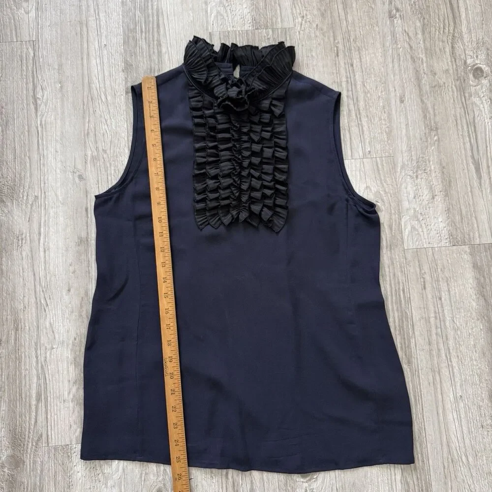 Tory Burch Silk Tuxedo Top Size 8 Dark Blue Ruffle Collar Academia Goth Blouse
